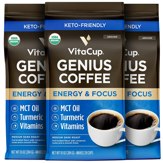 VitaCup Organic Genius Ground Keto Coffee, Increase Energy & Focus w/MCT Oil, Turmeric, B Vitamins, D3, USDA Organic Ground Coffee Medium Dark Roast, 100% Arabica Coffee Grounds, 3 bags, 10 oz each