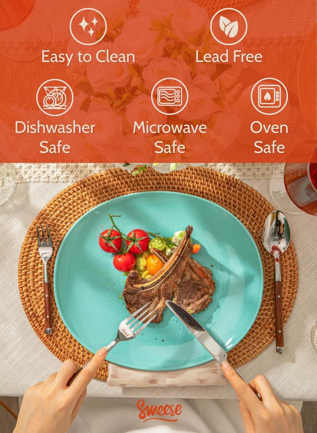 Sweese Porcelain Dinner Plates - 11 Inch Dinner Plates Set of 6 - Dishwasher, Microwave, Oven Safe - Azure Dreamscape Color