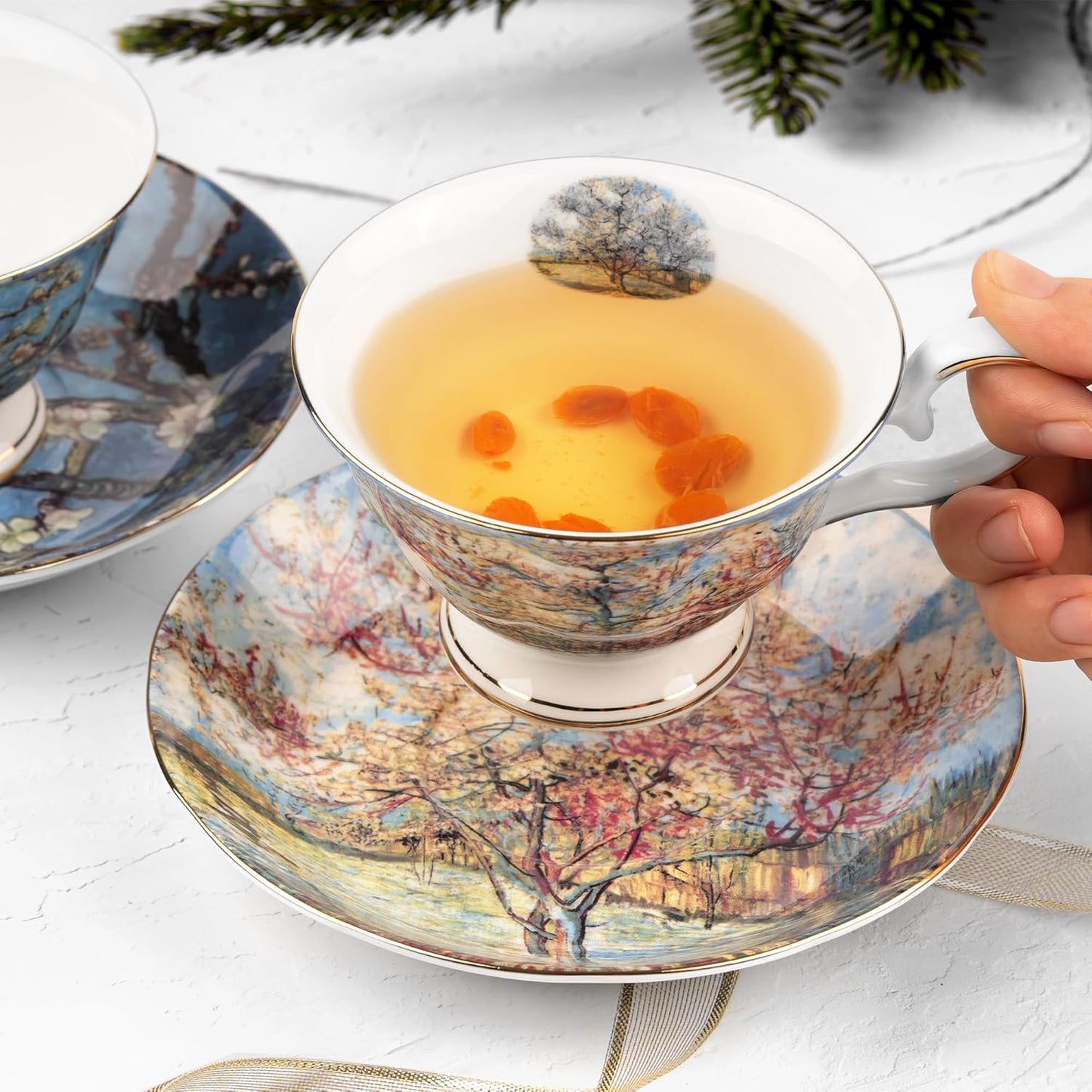 Floral Tea Cups Saucers Set of 2, Van Gogh Paintings Bone China 7 oz British Teacups Porcelain Coffee Cup for Rose Tea Cappuccino Espresso Latte (Apricot & Peach Blossom)