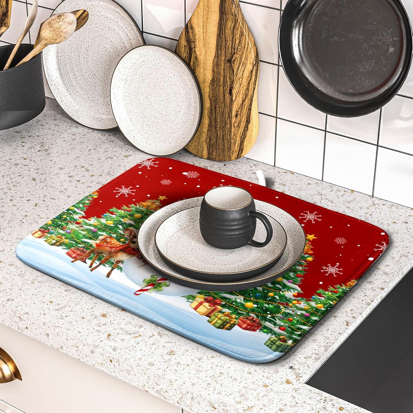 Christmas Snowman Dish Drying Mat for Kitchen Counter,Christmas Tree Winter Snowflake Red Drying Mat 16 x 18 Inch with High Absorbent Reversible Microfiber Dish Drying Pad Drainer Mat for Coffee Bar