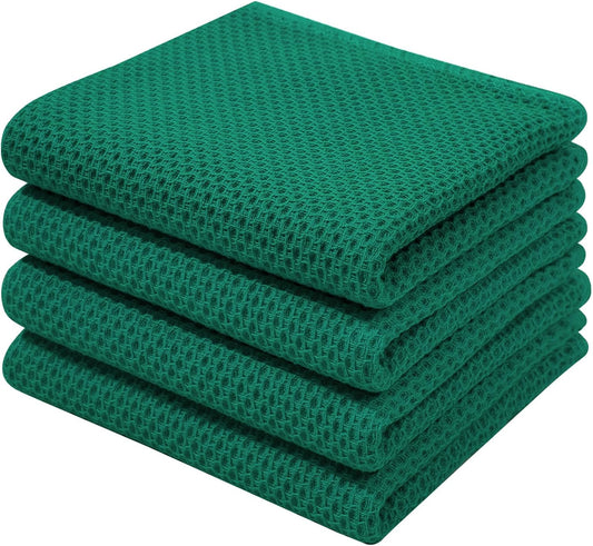 Homaxy 100% Cotton Waffle Weave Kitchen Dish Towels, Ultra Soft Absorbent Quick Drying Cleaning Towel, 13 x 28 Inches, 4-Pack, Dark Green