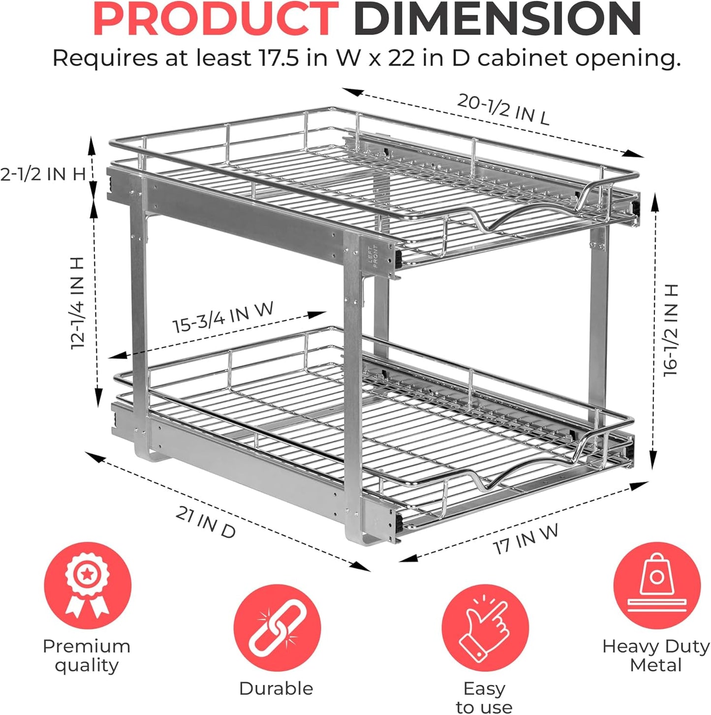 HOLDN’ STORAGE Two Tier Pull Out Cabinet Organizer, Individual Sliding Drawers - Heavy Duty Metal with Lifetime Limited Warranty - Anti Rust Chrome Finish - 17" W x 21”D x 16.5" H