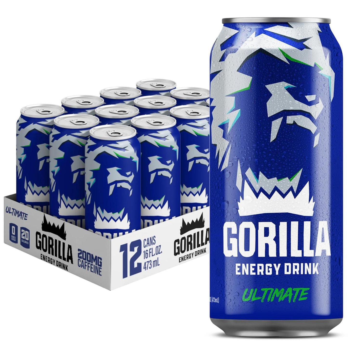Gorilla Energy Original Energy Drink, Zero Sugar & 200mg Natural Caffeine, L-Theanine, Taurine, Ginseng, Acetyl L-Carnitine, B Vitamins, Sugar Free, and No Artificial Colors, 16 oz Cans, 12 Pack