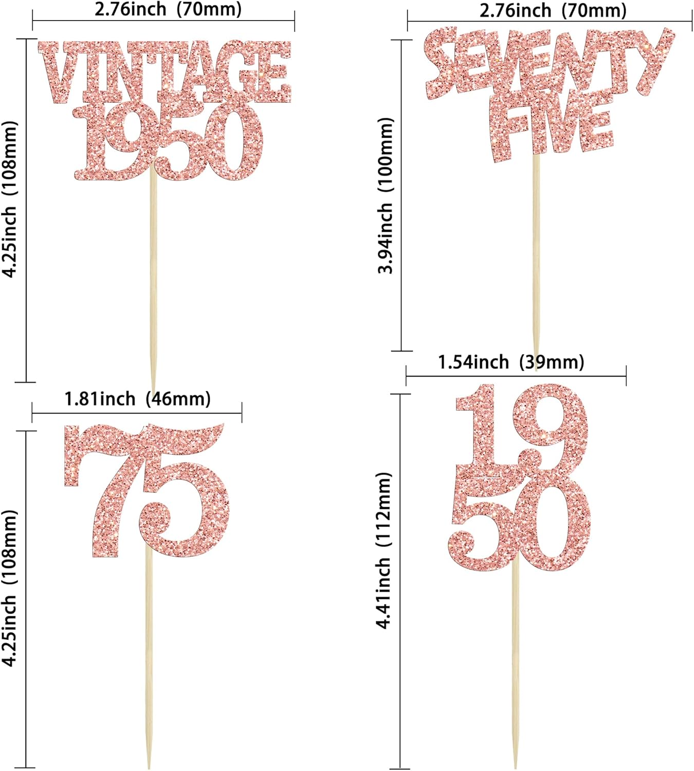 Gyufise 24Pcs 75th Birthday Cupcake Toppers Glitter Cheers to 75 Fabulous Seventy Five Vintage 1950 Cupcake Picks 75th Birthday Wedding Anniversary Party Cake Decorations Supplies Rose Gold