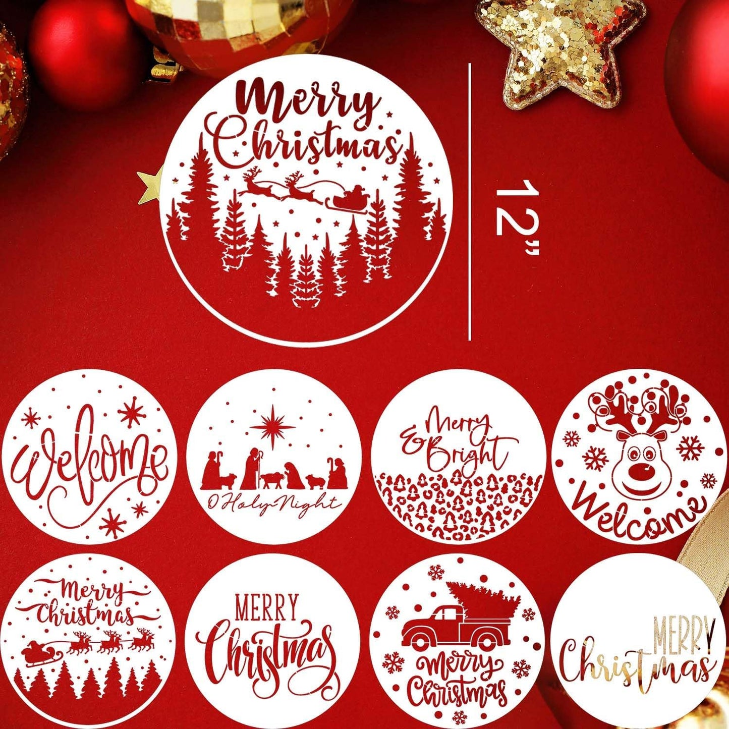 Christmas Stencils 12” Christmas Stencil for Wood Round Xmas Stencil for Painting Holiday Stencils Merry Christmas Holy Night Drawing Templates for Door Hanger Porch Wreath Home Decor