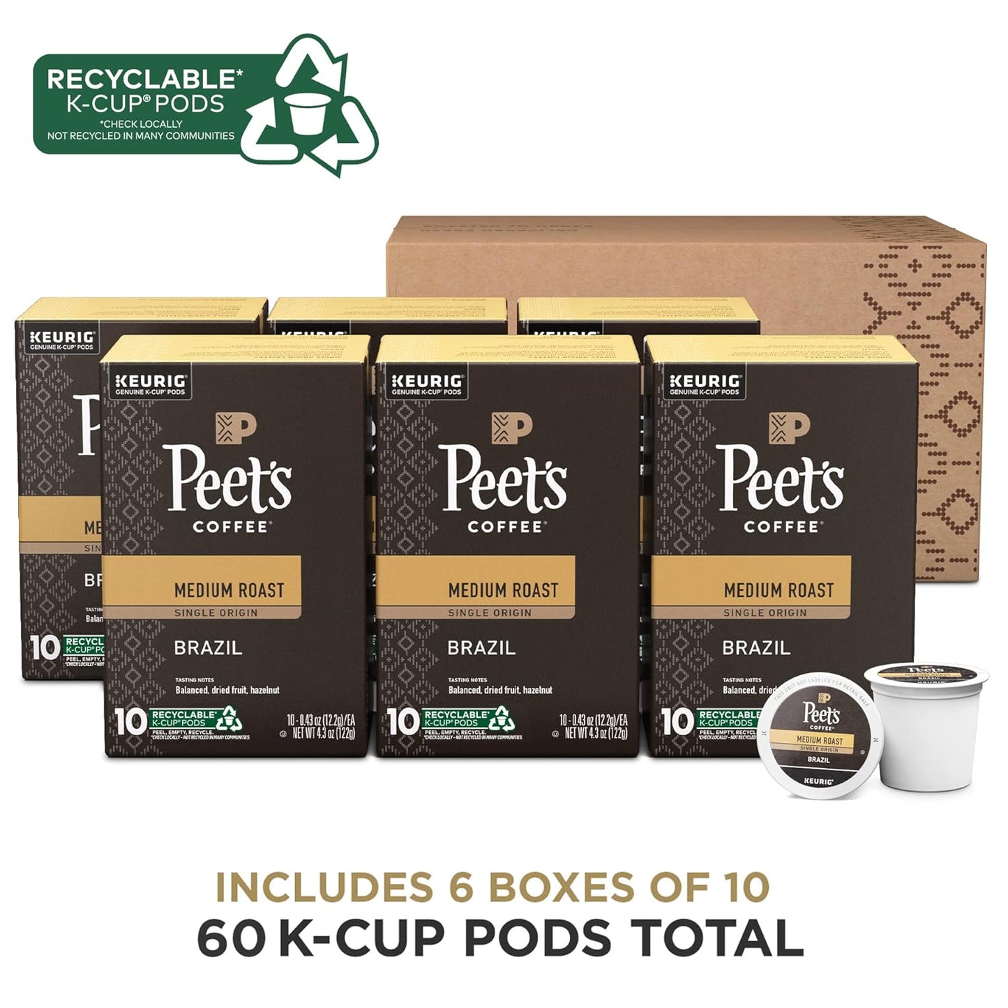 Peet's Coffee, Medium Roast Keurig K-Cup Pods - Single Origin Brazil 60 Count (6 Boxes of 10 K-Cup Pods)