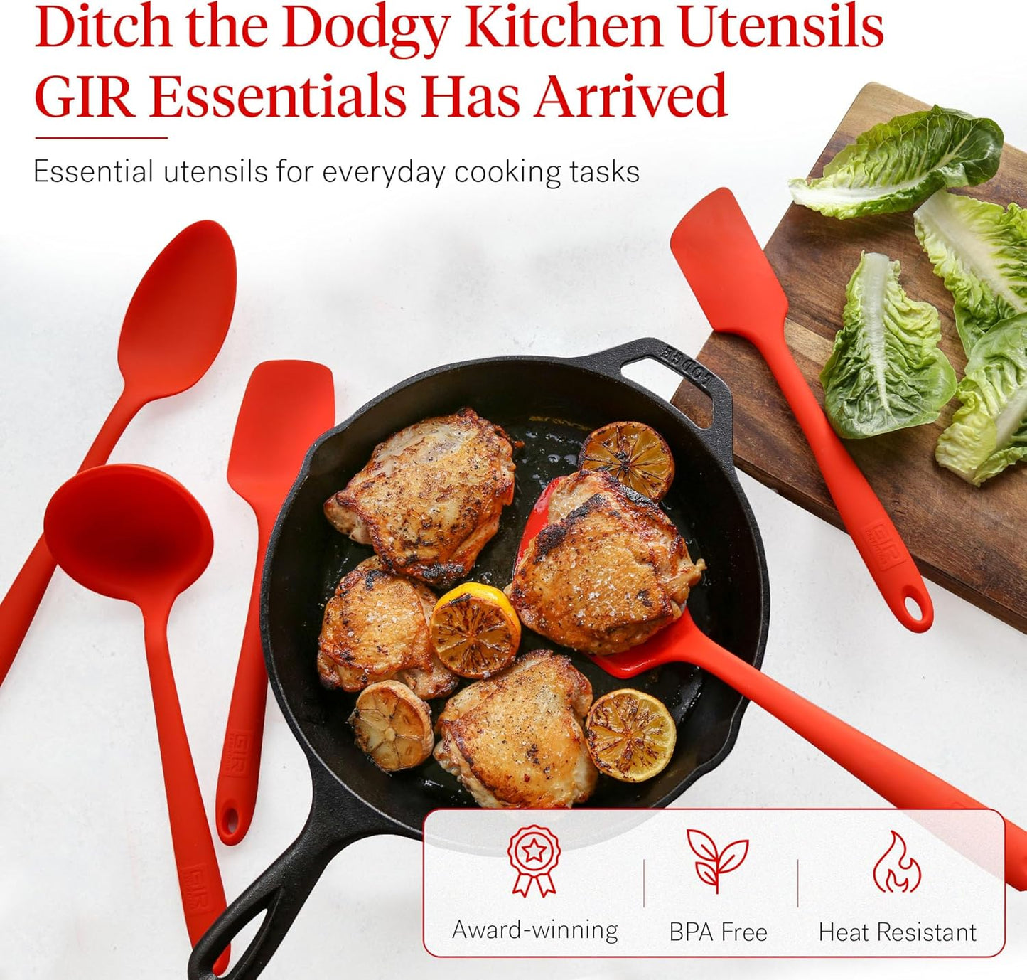 GIR: Get It Right 5-Piece Silicone Spatula & Utensil Set - Medium Fire Red - Kitchen Essentials with Heat-Resistant Non-Stick Tools - Dishwasher-Friendly