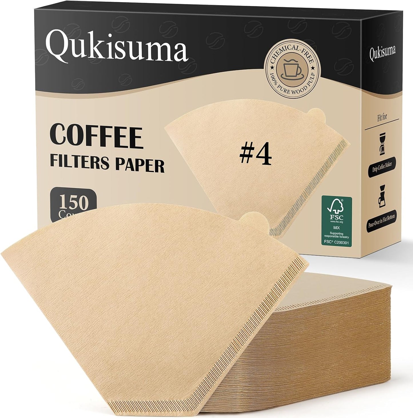 150 Count #4 Coffee Filters, Number 4 Cone Coffee Paper Filters for Pour Over and Drip Coffee Maker, 8-12 Cups (Unbleached Natural)