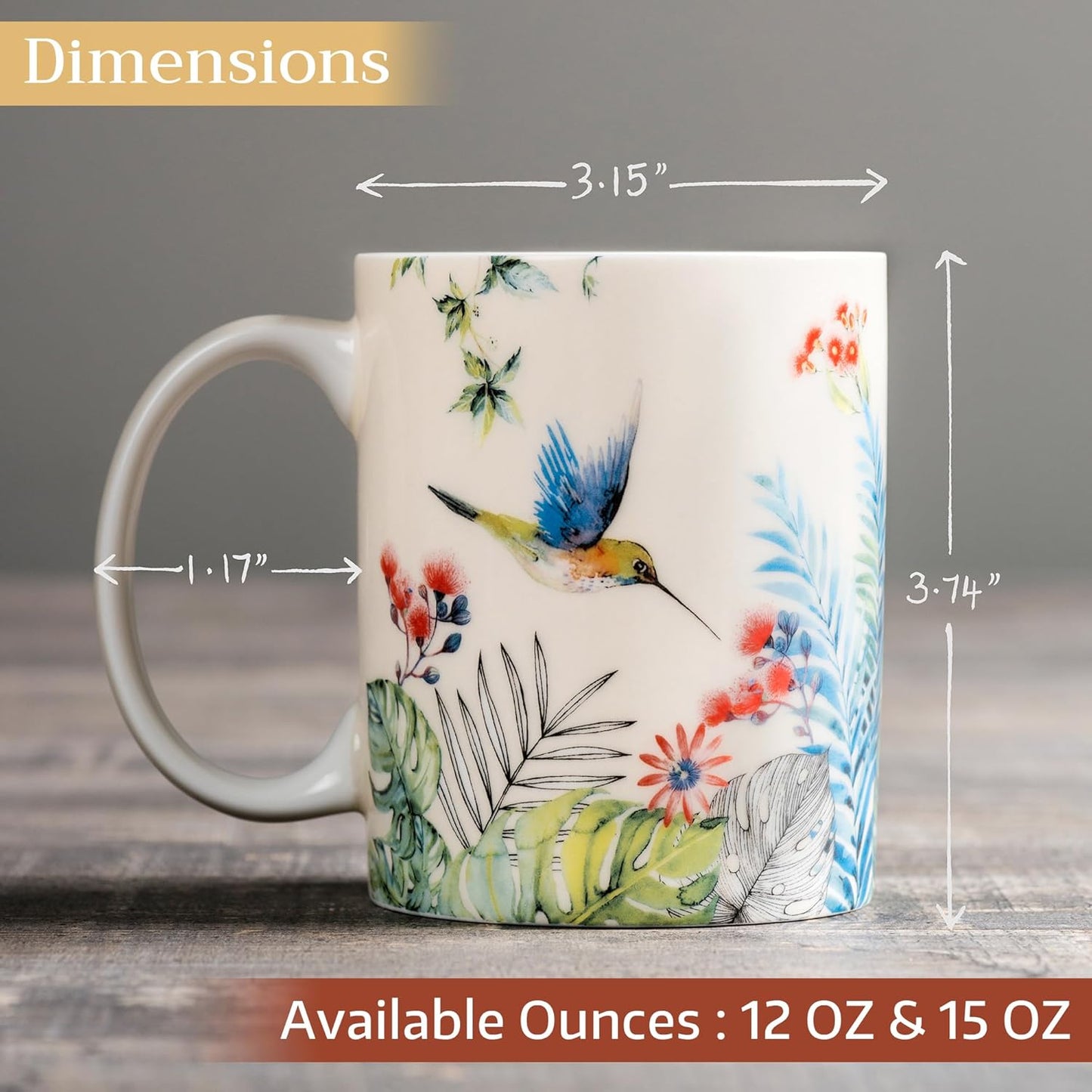 Maison d' Hermine Coffee Mug with Handles Fine Bone China Mugs Pack of One Tea Cups for Hot Beverages Cappuccino Latte Home Restaurant Office Perfect for Gift (Tropiques - Colibris, 12 Ounce)