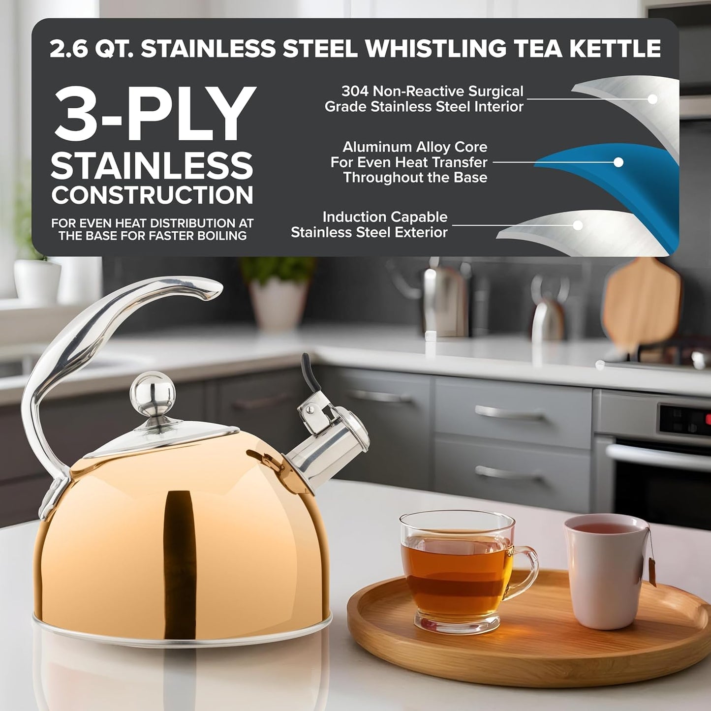 Viking 3-Ply Stainless Steel Tea Kettle, 2.6 Quart Stovetop Hot Water Pot with Tempered Glass Lid, Ergonomic Handle, Induction Ready, Rose Gold