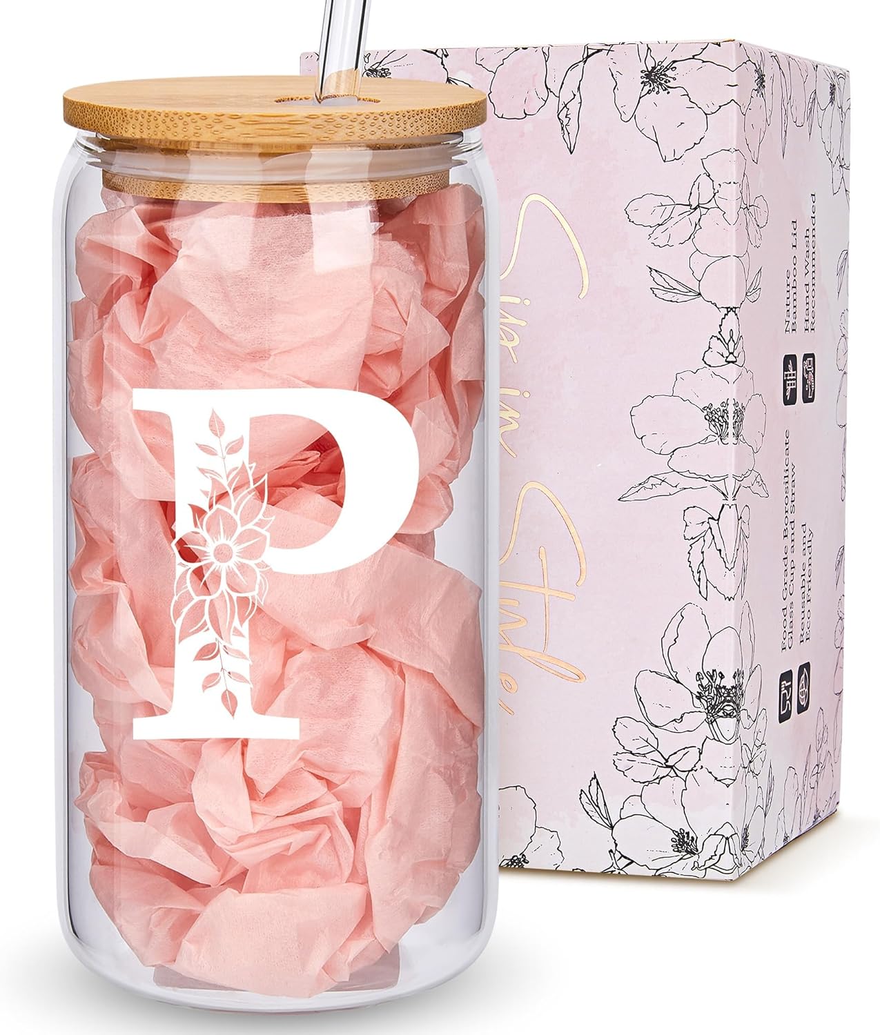 Personalized Gifts for Women, Monogrammed Glass Cups with Lids and Straws, Custom Tumbler, Cute Customized Mug, Aesthetic Stuff, Initial Iced Coffee Cup, Drinking Glasses, Birthday Teacher Gifts, P