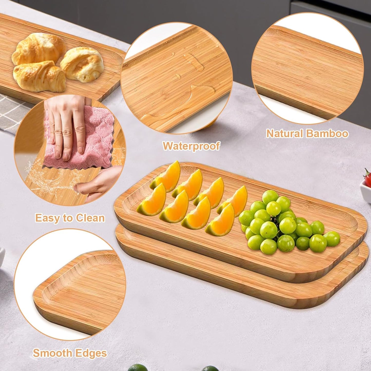 2 Pack Bamboo Trays Cheese Plate,10 Inch Rectangular Food Serving Saucer Wood Platte for Serving Food for Charcuterie Tea Coffee Snack Bread Fruit Appetizer Plant Pot
