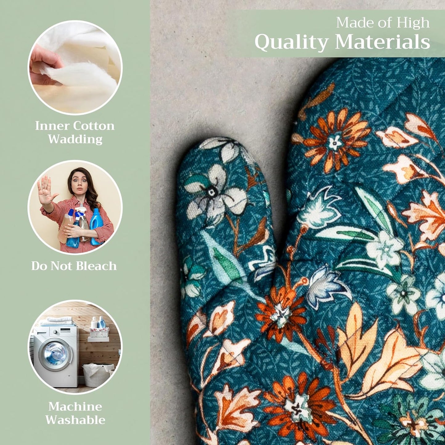 Maison d' Hermine Oven Gloves 100% Cotton Oven Mitt 7" x 13" with Loop Heat Resistant, BBQ, Cooking Gloves, Baking, Grilling, Kitchen, Handling Hot Pans (Pack of 1, Luxury Loft-Dark Teal)