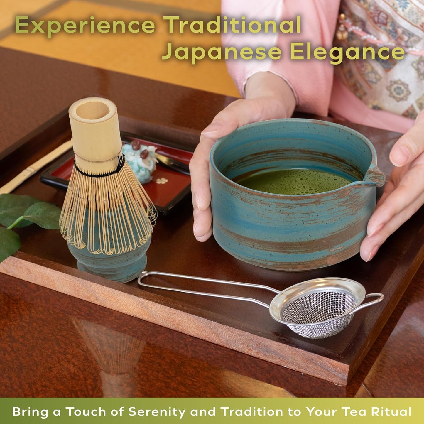 Japanese Matcha Set | Matcha Bowl with Spout | Whisk & Holder | Bamboo Scoop & Stainless Sifter | 5-Piece Traditional Matcha Kit | Designed in Japan |「Rustic Teal」