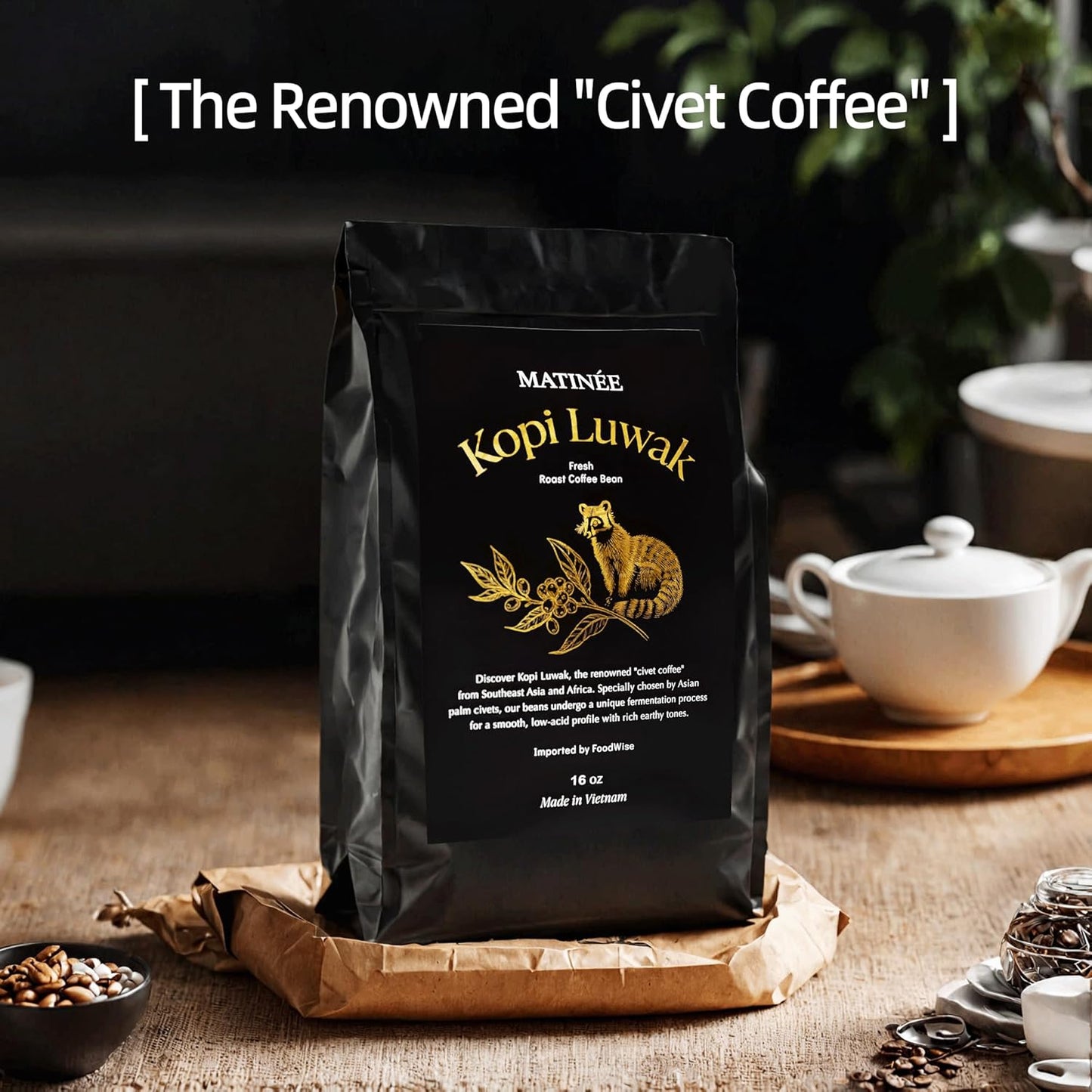 MATINÉE Wild Kopi Luwak Coffee Beans, Medium Roast, Whole Bean Coffee, Civet Coffee, Wild Kopi Luwak Coffee - Sustainably Sourced From Vietnam, 16oz / 454 Grams