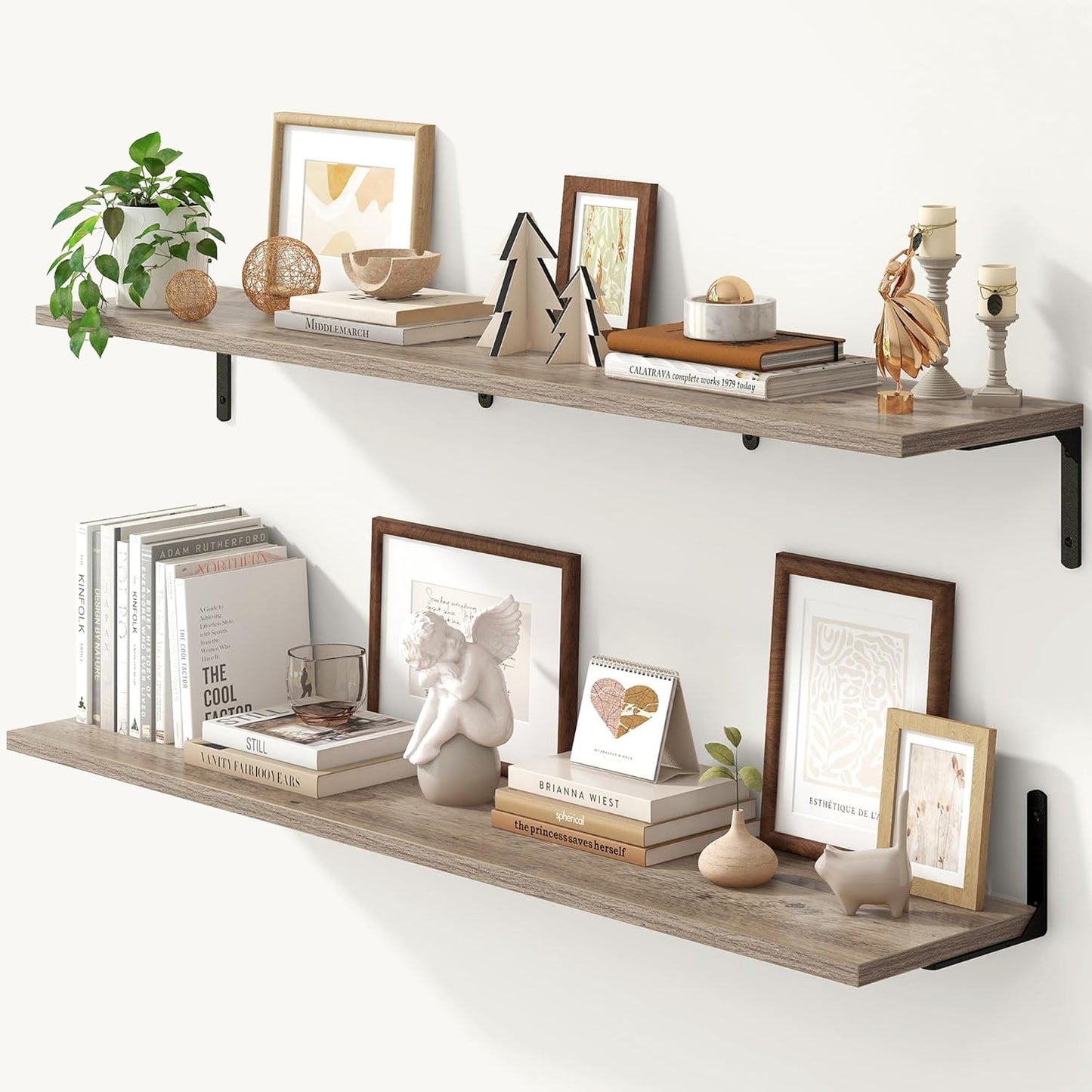 Fun Memories Deep Floating Shelves, 48W x 8D Floating Shelves Set of 2, Wall Mounted Shelf with Metal Brackets, Rustic Wood Wall Shelf for Bathroom, Kitchen and Living Room, Grey