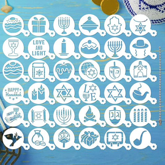 JULBEAR 36 Pcs Reusable Hanukkah Cake Cookie Stencils Dreidel Menorah for Cookies Coffee DIY Hanukkah Holiday Baking Painting Dessert Craft Decoration