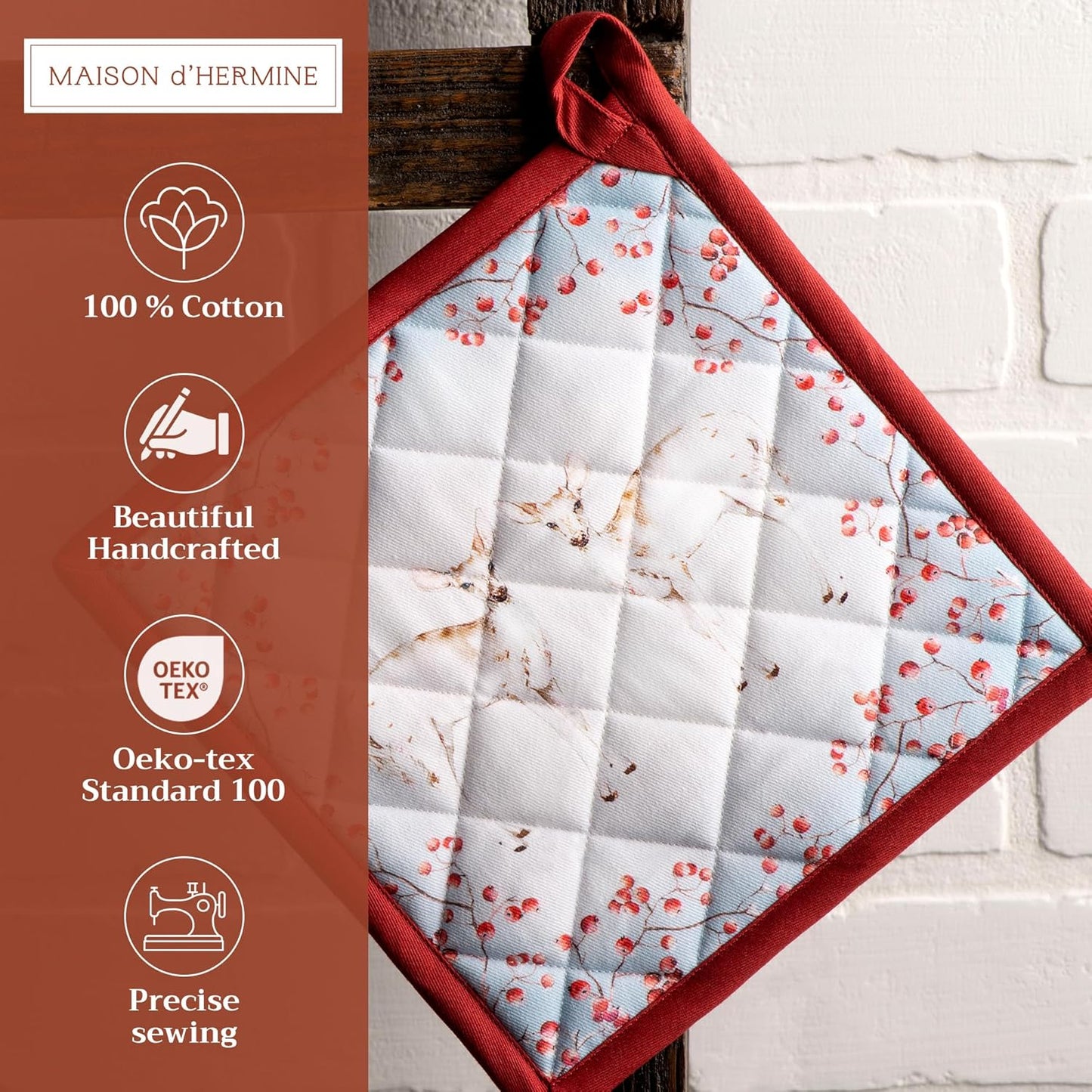 Maison d' Hermine Pot Holders 100% Cotton Heat Resistant Potholders 8" x 8" Hot Pads with Loop BBQ, Cooking, Baking, Grilling, Kitchen, Handling Hot Pans (Pack of 1, Fairytale Forest)