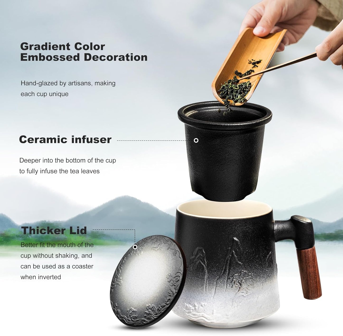 suyika Ceramic Tea Cup with Infuser and Lid, Gradient Embossed Large Tea Mug Wooden Handle for Steeping Loose Leaf, Tea Lover Gifts 15.2 oz / 450 ml,Matte Black