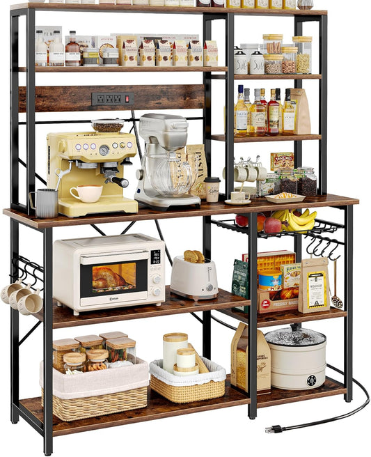 SUPERJARE Larger Bakers Rack with Power Outlets, 6-Tier Microwave Stand, Coffee Bar with 12 S-Shaped Hooks, Kitchen Shelf with Wire Basket, 47.2 x 15.5X 66.9 Inches, Rustic Brown