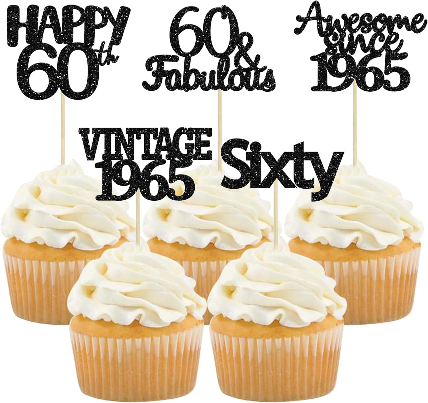 Gyufise 30Pcs 60th Birthday Cupcake Toppers Vintage 1965 Cake Decorations Cheers to 60 Fabulous Sixty Cupcake Picks 60th Birthday Wedding Anniversary Party Cake Decorations Supplies Black