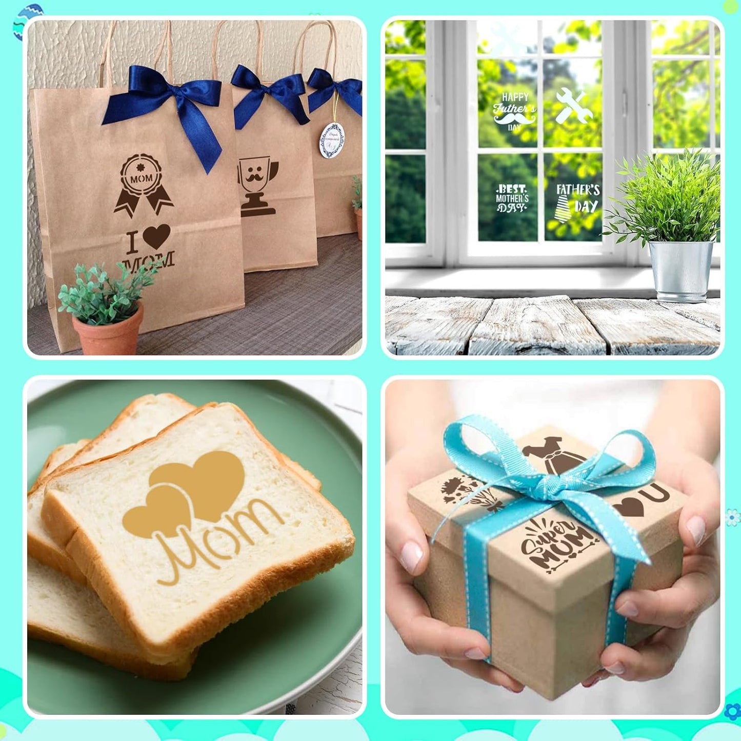 JULBEAR 36 Pieces Reusable Mother's Day Father's Day Cookie Cake Stencils Templates Mold Tools for Mother's Father's Day Birthday Wedding Party Royal Icing Cake Coffee Dessert Decoration Supplies