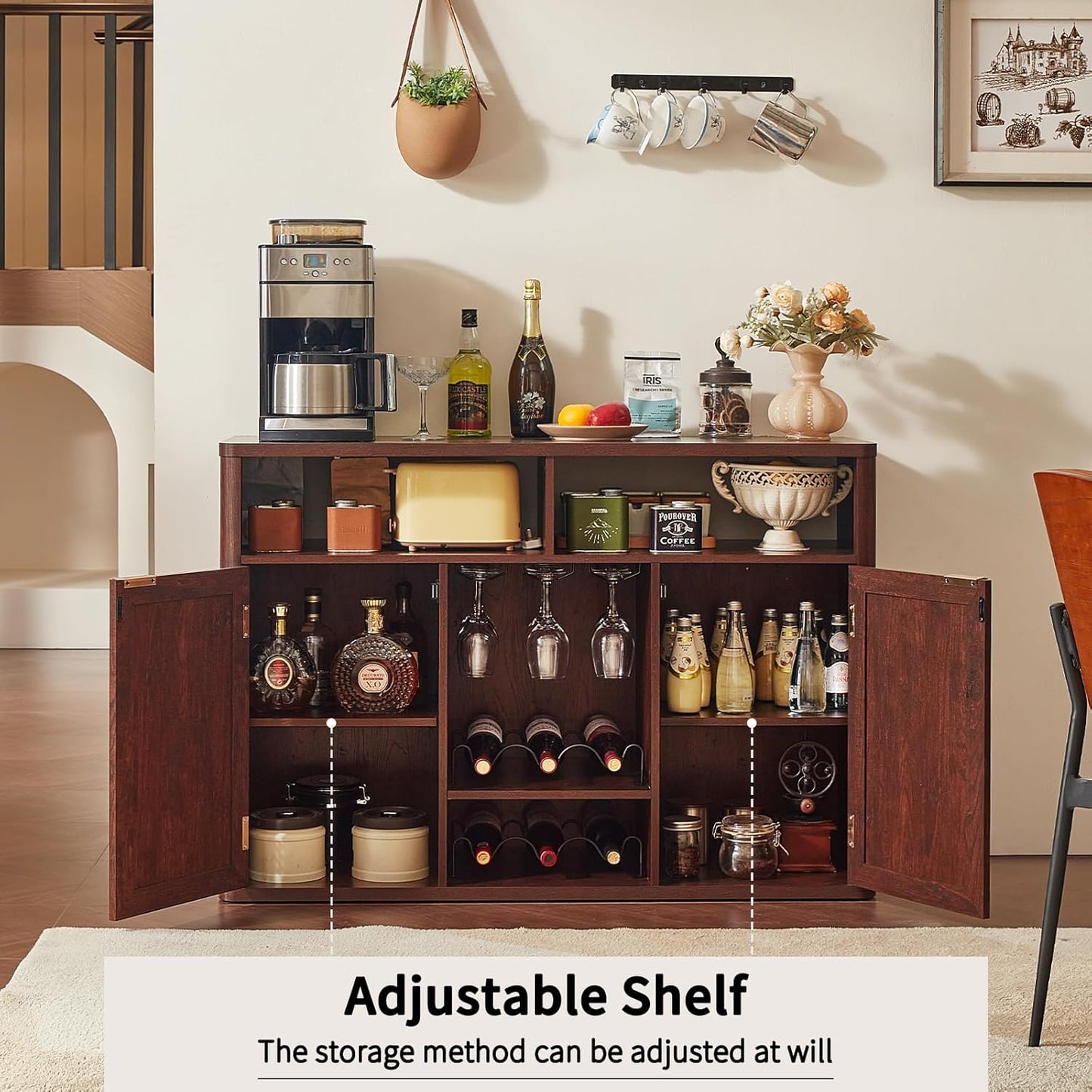 Lerliuo 47.2" Rattan Wine & Liquor Cabinet with 2 Doors, Boho Farmhouse Coffee Bar Station, Built-in Wine Racks & Storage, Adjustable Shelves for Living Room, Dining Room, Kitchen, Walnut Brown