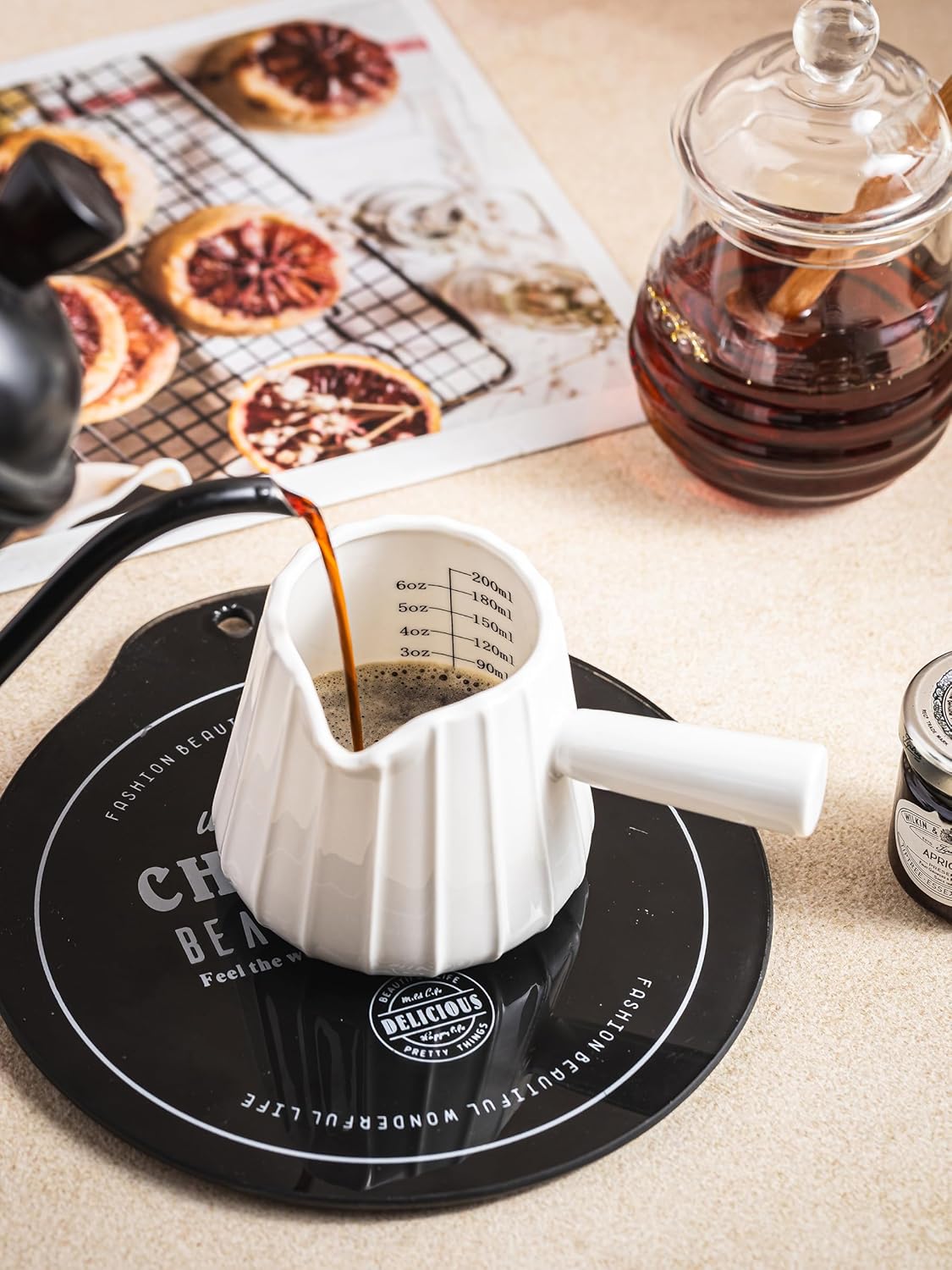 Espresso Cups Ceramic, 200ML Espresso Measuring Cup with Handle, Expresso Shots Cups with Scale, Espresso Accessories, White