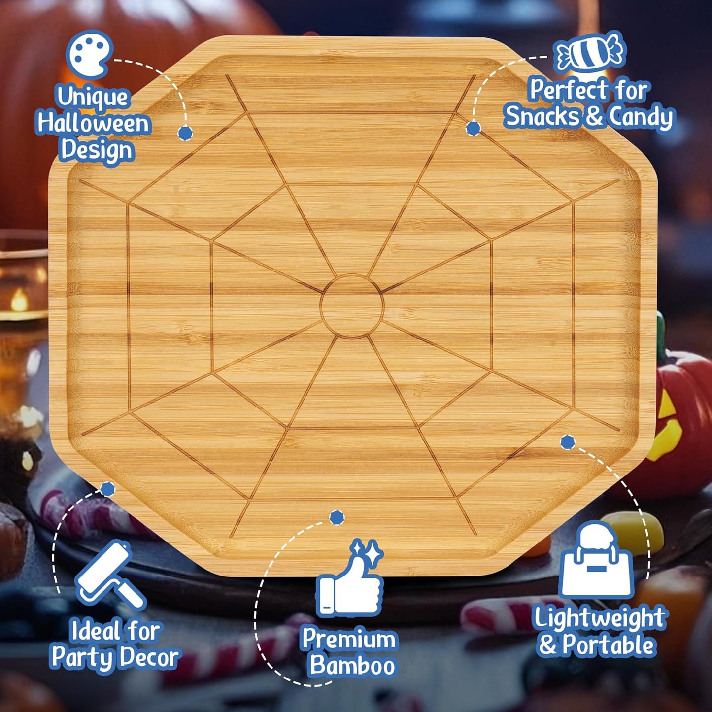 TJ POP Halloween Bamboo Serving Tray - Octagon Spider Web Design Snack Dessert Platter for Candy, Cheese, Natural Wood Appetizer Tray Charcuterie Board for Party, Home Decor & Food Display (10” x 9”)