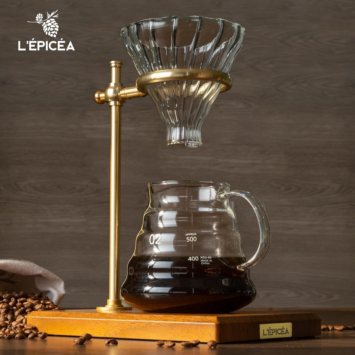 L'ÉPICÉA Pour Over Coffee Maker Set, Pour Over Coffee Maker with Stand, Adjustable Stainless Steel Stand, Wooden Base, Paper Filters, Cone Glass Coffee Carafe, Pour Over Coffee Dripper