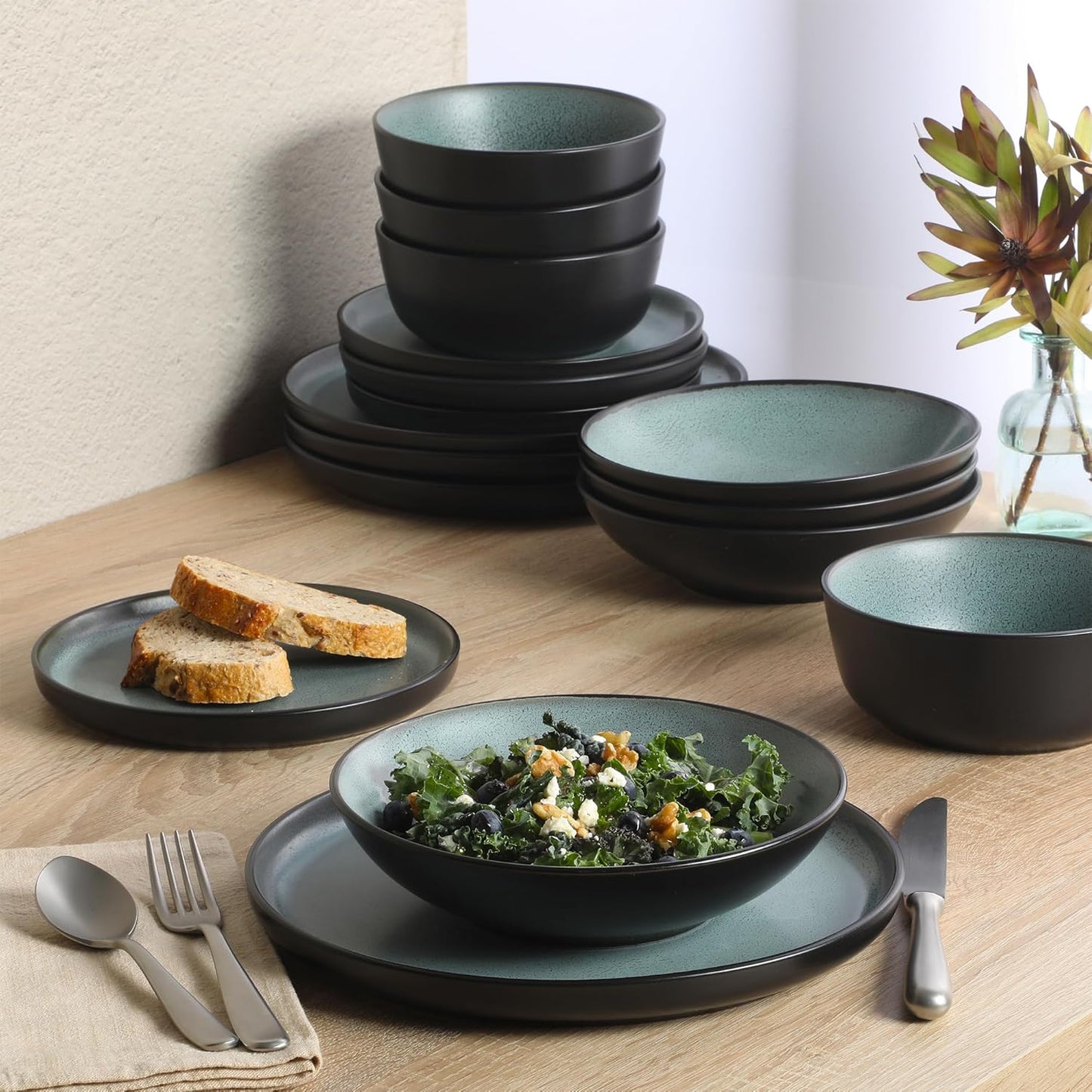 Gibson Elite Tribeca Loft 16-Piece Dinnerware Set – Matte Black and Green Reactive Glaze Stoneware, Double Bowl Round Plates and Bowls – Modern Rustic Tableware for 4, Dishwasher & Microwave Safe