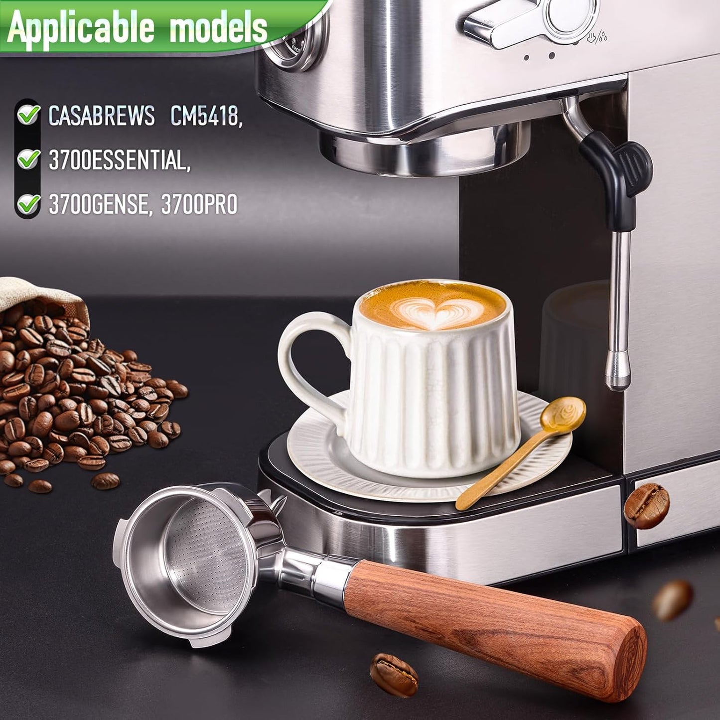 51mm Portafilter for CASABREWS 3700/CM5418, Dual Spout Espresso Handle with Siam Rosewood Grip & 304 Stainless Steel Basket
