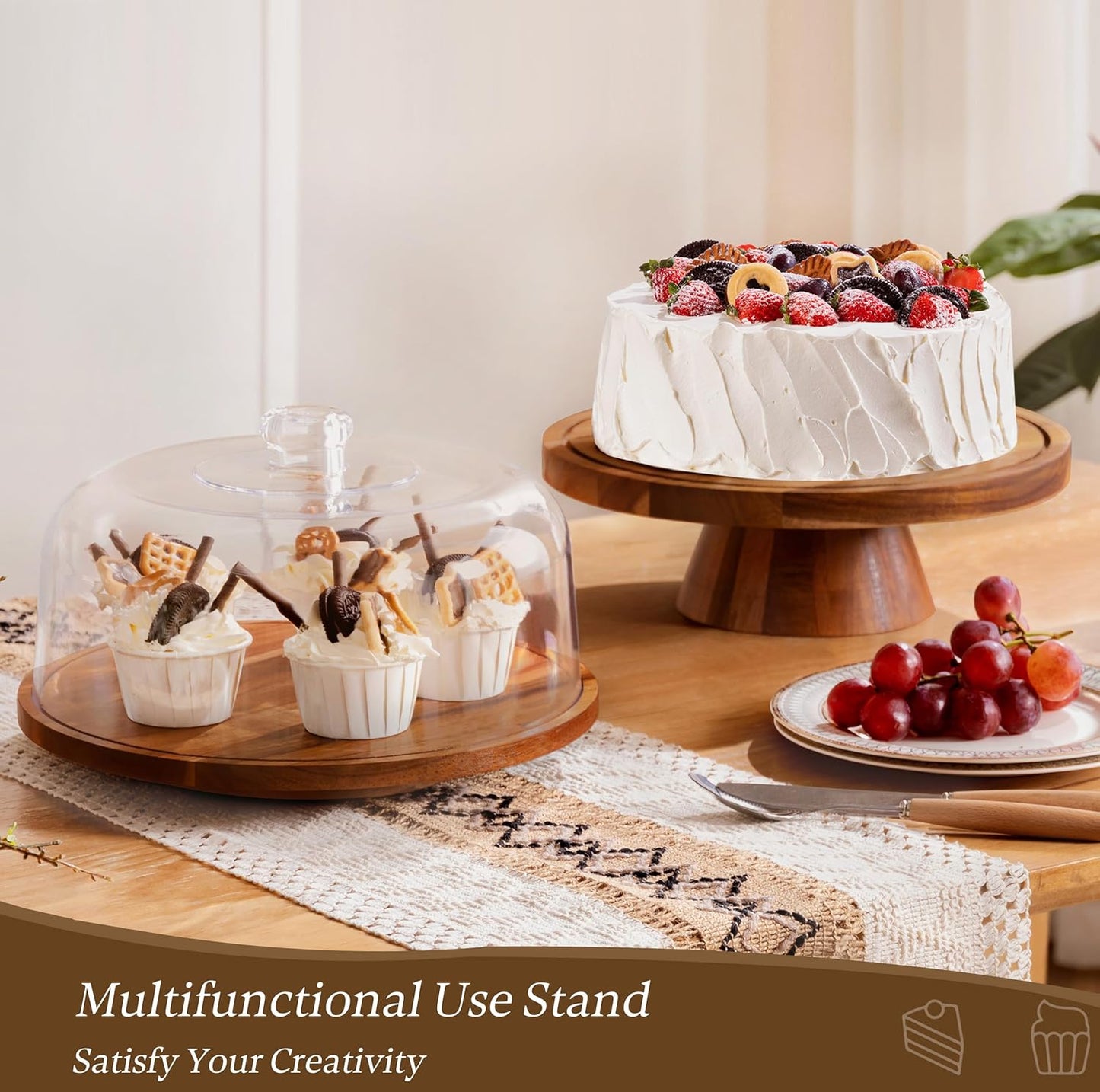HBlife Cake Stand with Lid (11.4"), Rotating Cake Stand with Acrylic Dome, Acacia Wood Cake Plate Display with Cover for Baking Gifts, Birthday Kitchen Parties, Weddings
