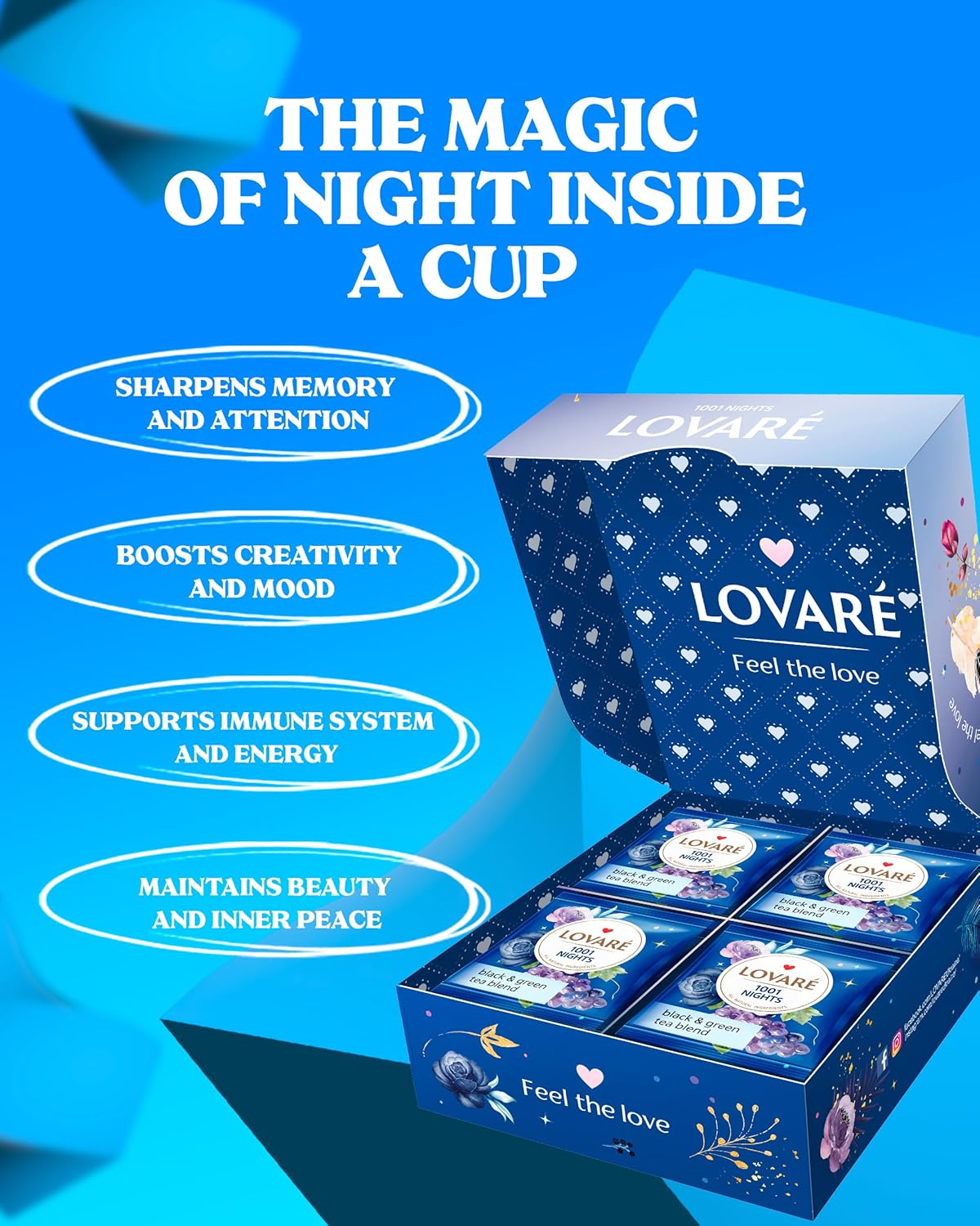 LOVARE 1001 Nights Tea Bags 64 g - Made in Ukraine - Classic Black and Sencha Green Flavored Tea Blend - Tea Bags Individually Wrapped - Gift Box Sets for Tea Lovers (32 Tea Bags x 2 g Each)