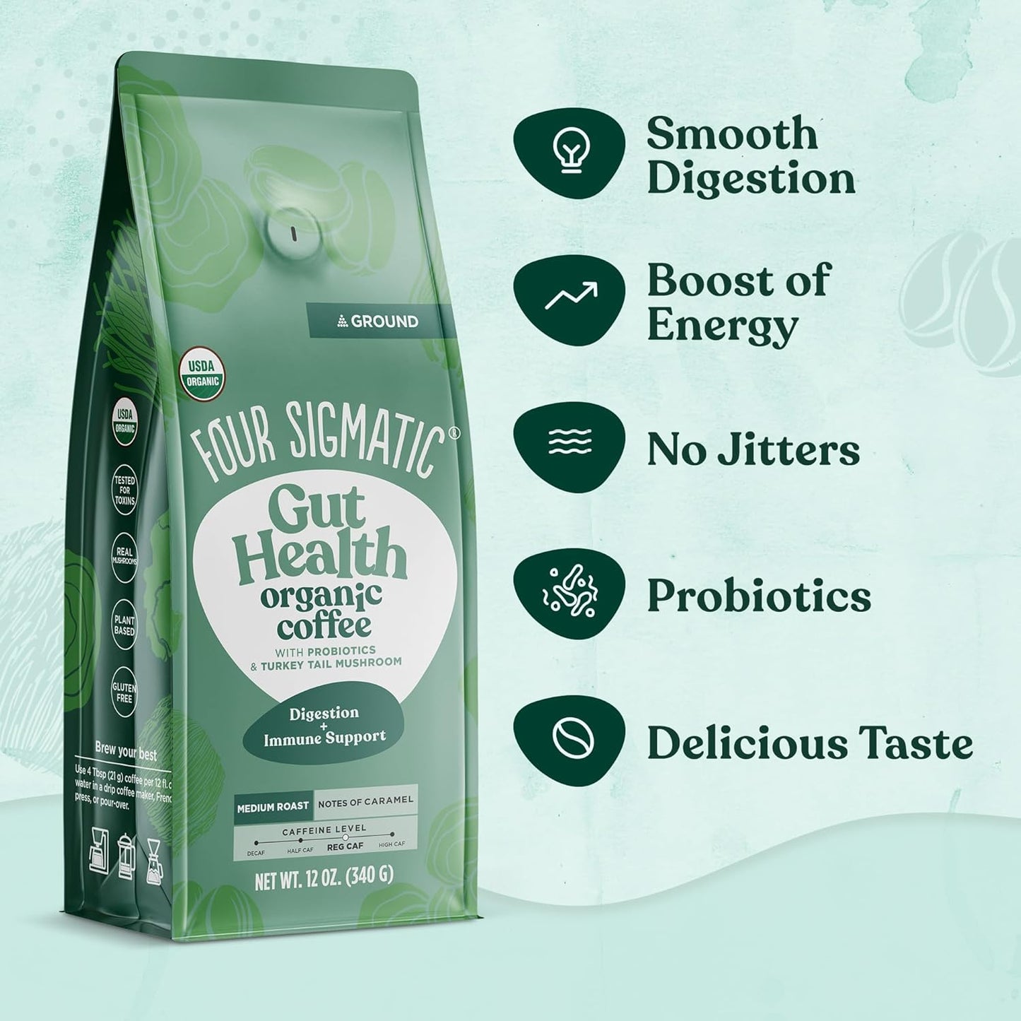 Four Sigmatic Gut Health Organic Ground Coffee | Medium Roast, Immune Boosting Probiotic Mushroom Coffee with Chaga & Turkey Tail for Gut Health & Immune Support | 12oz Bag