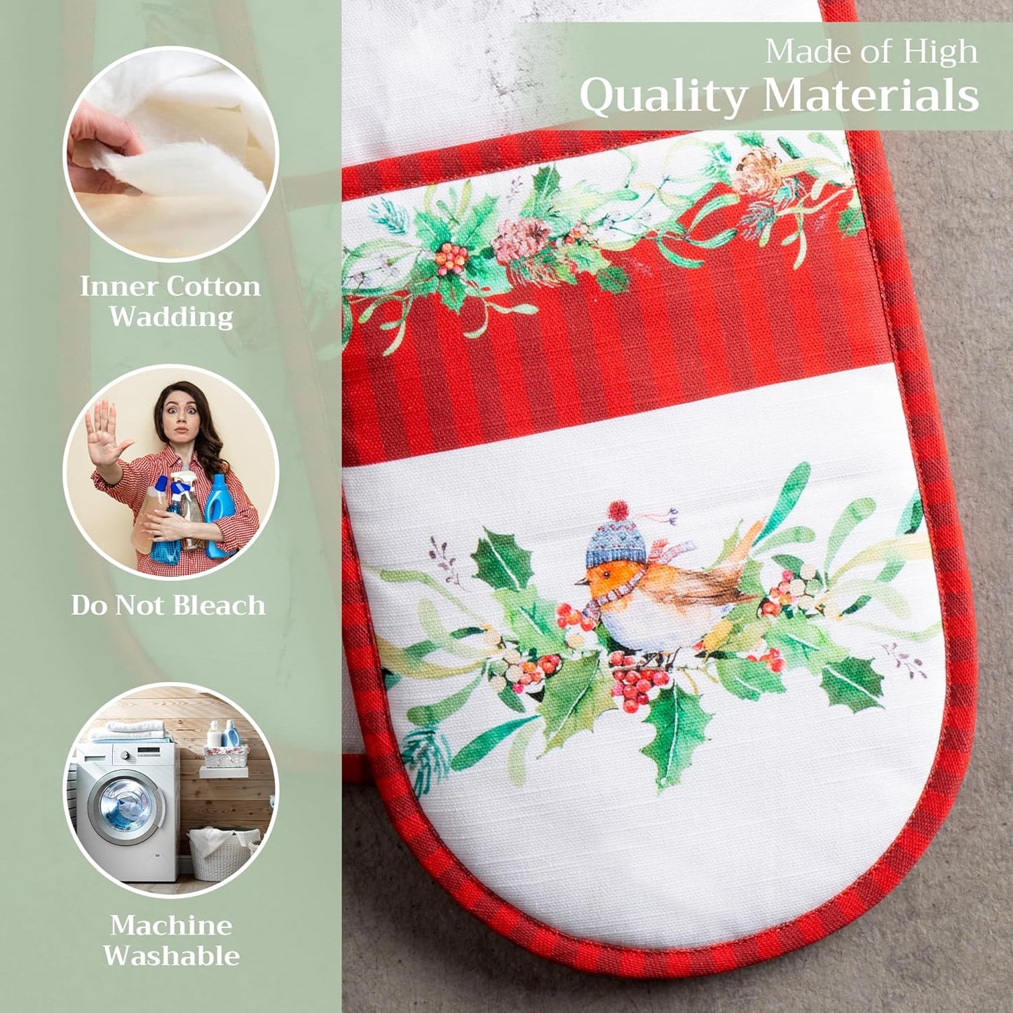 Maison d' Hermine Double Oven Mitts 100% Cotton 7"x35" Double Oven Mitt Heat Resistant BBQ Cooking Gloves with Loop, Baking, Grilling, Home, Kitchen, Handling Hot Pans (Christmas Tradition)