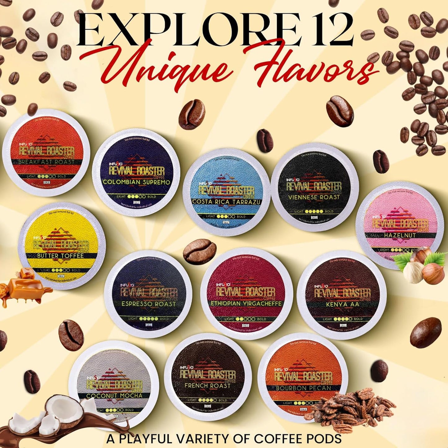 InfuSio Coffee Pods Variety Pack – 96 Count, 12 Crafted Medium & Dark Roast Blends and Artisan-Inspired Flavors Like Bourbon Pecan & Butter Toffee, Revival Roaster Collection, Compatible with Keurig 2.0 Brewers