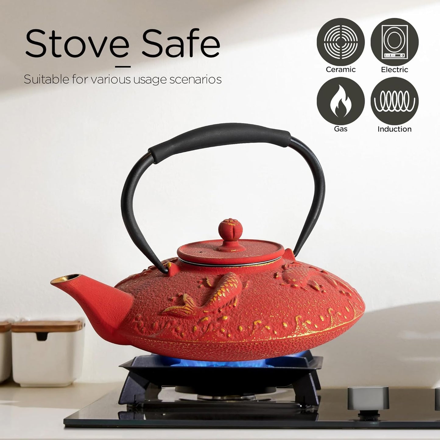 Cast Iron Teapot Set with 2 Tea Cups, 7Pcs Japanese Tea Kettle with Stainless Steel Infuser, Tea Pot Coated with Enameled Interior, Fish Pattern, 27oz 780ml Red