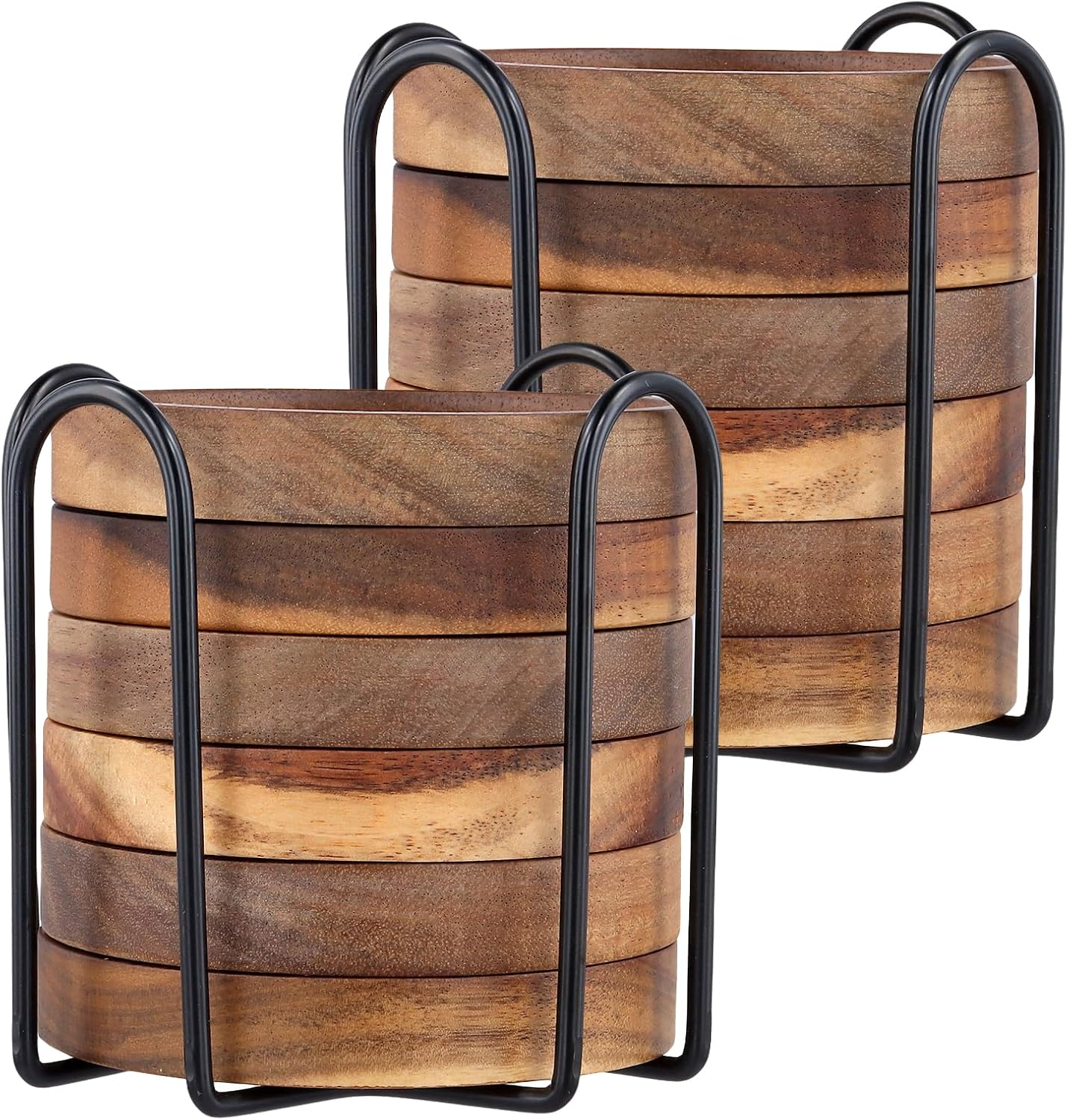 Set of 12 Acacia Wood Cork Coasters with Holder - 4.13 Inch Absorbent Insulated Drink Pads, Stackable for Coffee Table & Office Desk