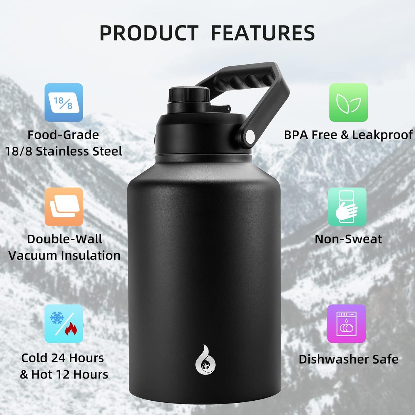 BJPKPK One Gallon(128 oz) Insulated Water Bottle, Dishwasher Safe Stainless Steel Thermos, BPA Free Jug with Ergonomic Handle & Anti-slip Bottom, Large Water Bottle, Black