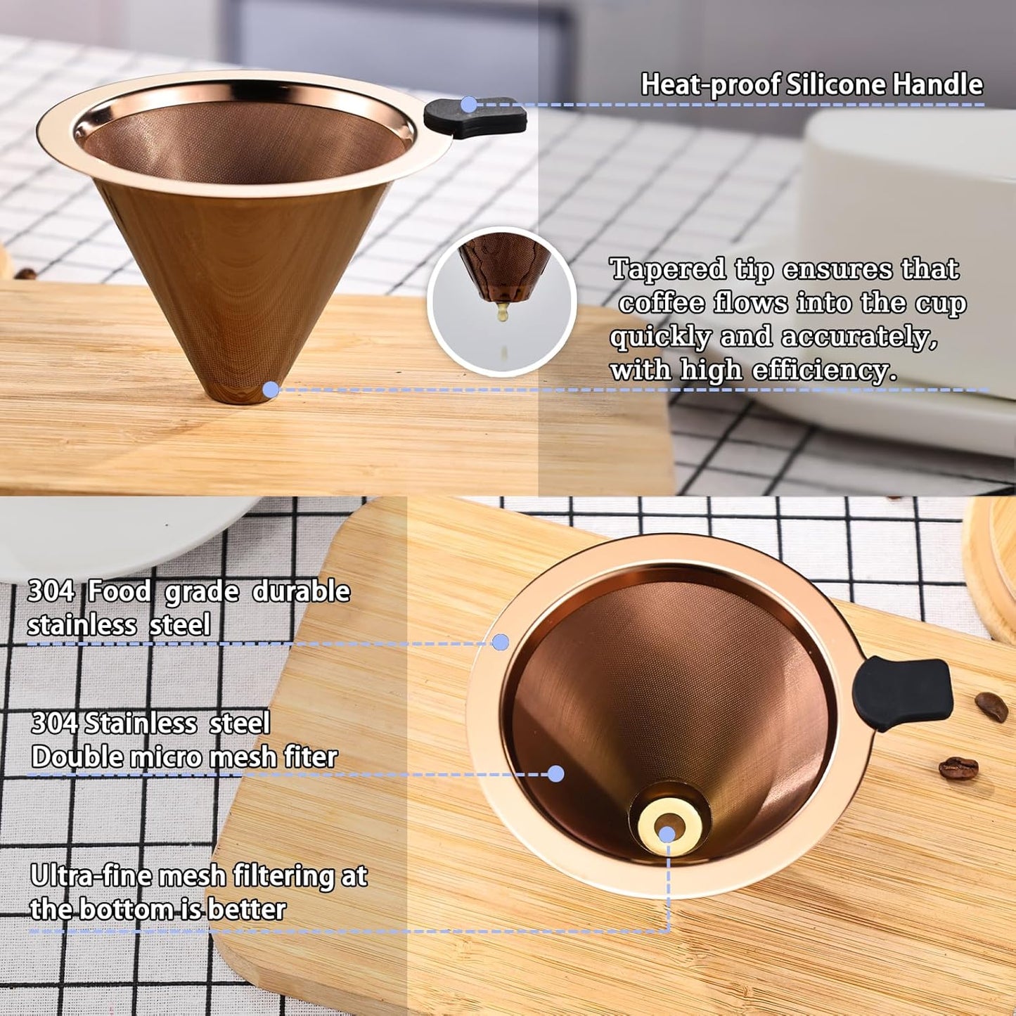 Small Size Pour Over Coffee Filter Dripper, Stainless Steel Metal Cone Drip Coffee Filter, Paperless and Permanently Reusable, Double Mesh Coffee,Tea Filter for 1-2 Cups