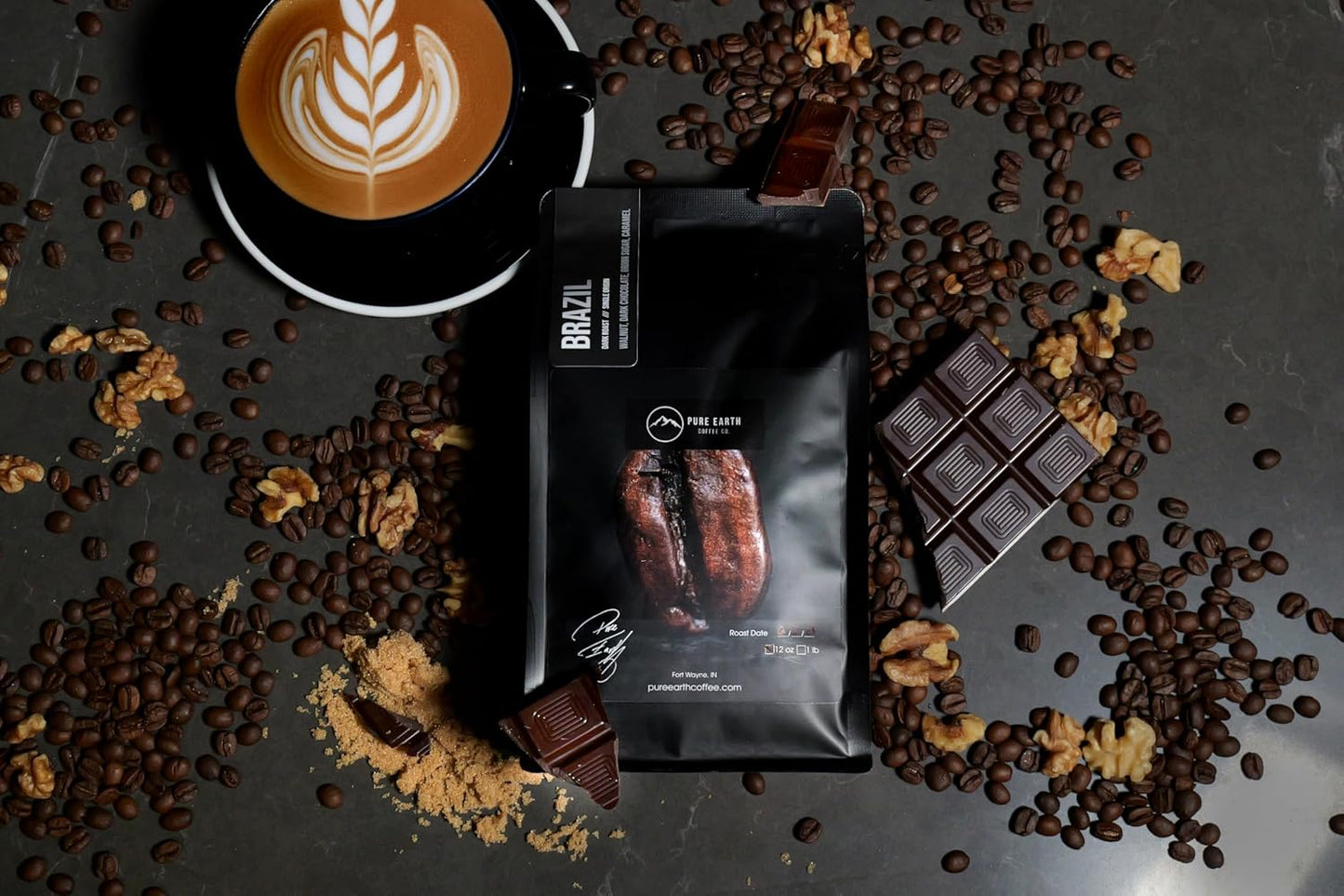 PURE EARTH COFFEE CO. Whole Bean Coffee, Brazil Single-Origin Beans, Dark Roast, Bold Gourmet Specialty Grade Coffee, Chocolate, Walnut, Bold and Smooth Flavor Notes 12oz (12oz, Brazil)