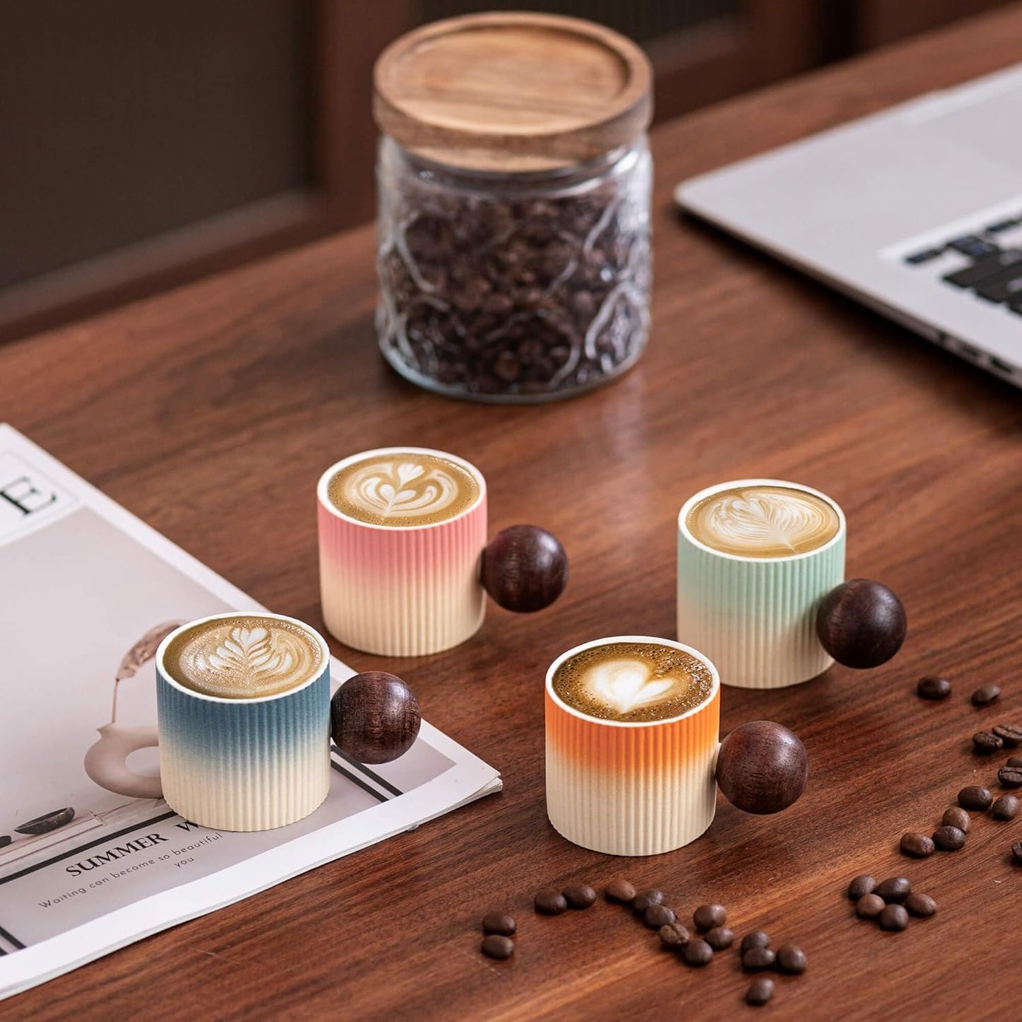 Ceramic Mini Espresso Cups Demitasse Cups with Round Wooden Handle Vertical Stripes Tea Cups (Multicolor-B, 4pcs)