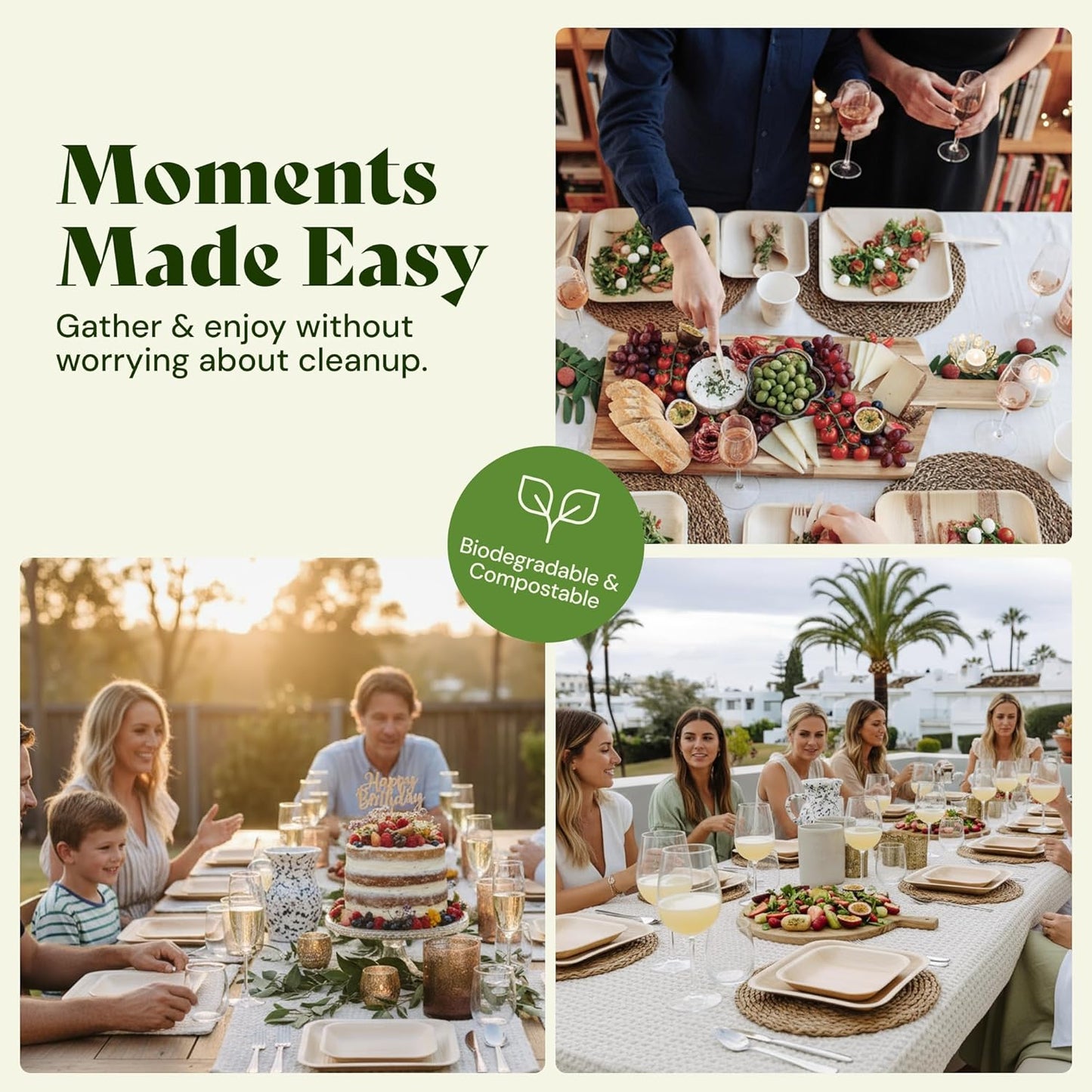 Chic Leaf Palm Leaf Compostable Plates - 6" Square, Pack of 50 - Disposable Dinnerware - Rustic Bamboo Appetizer Plates - Charcuterie Boards & Biodegradable Serviceware