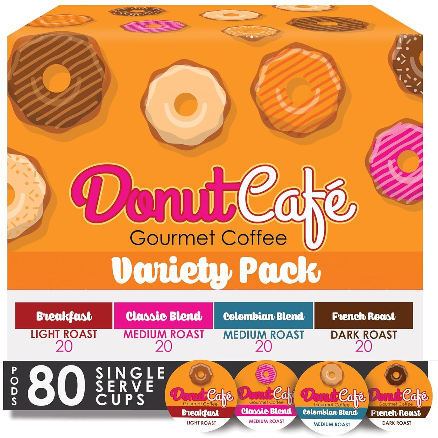 Donut Café Single Serve Coffee Pods for Keurig K Cup Brewers, Light Medium and Dark French Roast, Breakfast Classic Blend, Colombian, Variety Pack, 80 Count