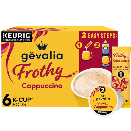 Gevalia Frothy 2-Step Artificially Flavored Cappuccino Espresso Style K‐Cup Coffee Pods & Froth Packets Kit, 6 ct. Box