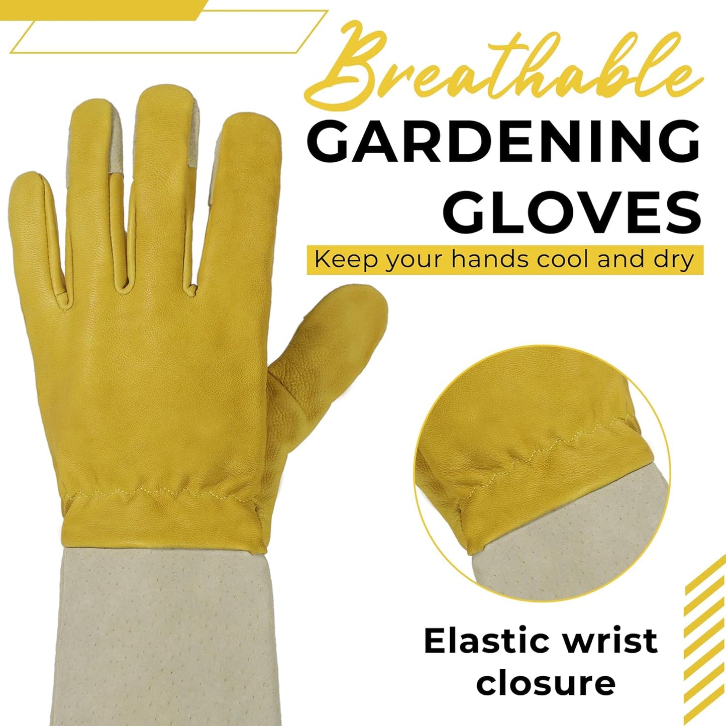 HANDLANDY Rose Pruning Gardening Gloves for Men Women, Thorn Proof Forearm Protection Leather Garden Gloves, Gardening Gifts for Gardeners (Yellow- goatskin, Large (Pack of 1))
