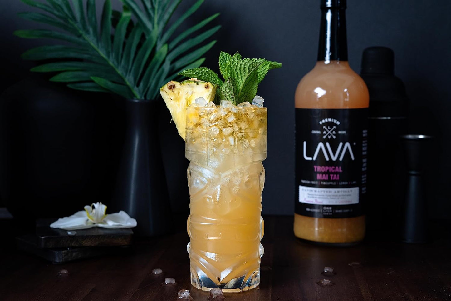 LAVA Premium Tropical Mai Tai Mix made with real passion fruit, pineapple, lemon and lime, no artificial sweeteners, 1-Liter (33.8oz) Glass Bottle, Ready to Use.