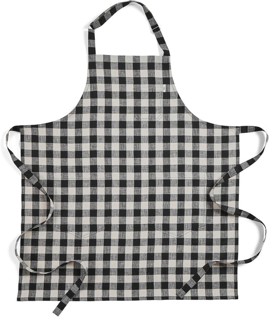 Solino Home Linen Bib Apron for Men & Women - Black and Cream Kitchen Apron with Front Pockets - Handcrafted from European Flax