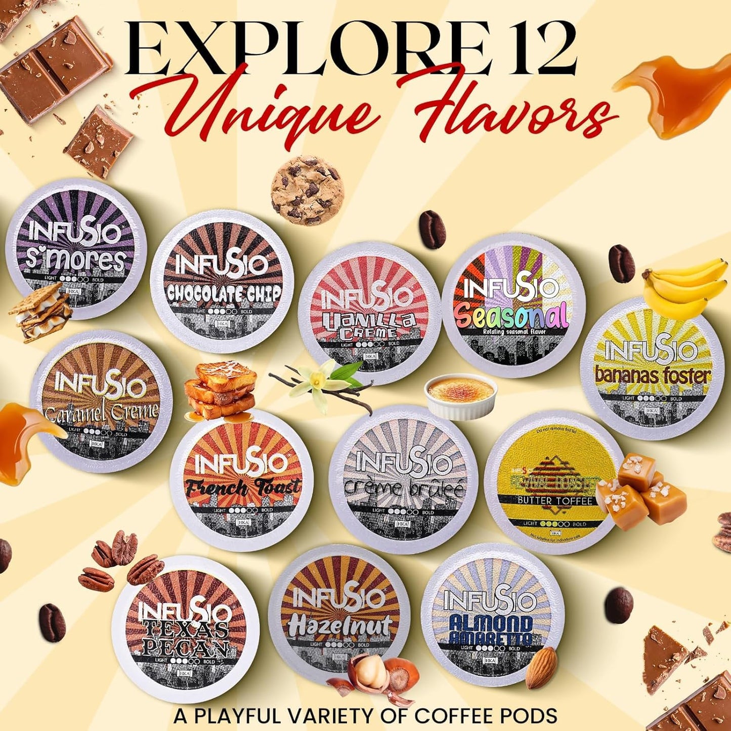 InfuSio Flavored Coffee Pods Variety Pack – 48 Count, 12 Gourmet Medium Roast Dessert-Inspired Blends like Bananas Foster & Crème Brûlée, Compatible with Keurig K-Cup 2.0 Brewers